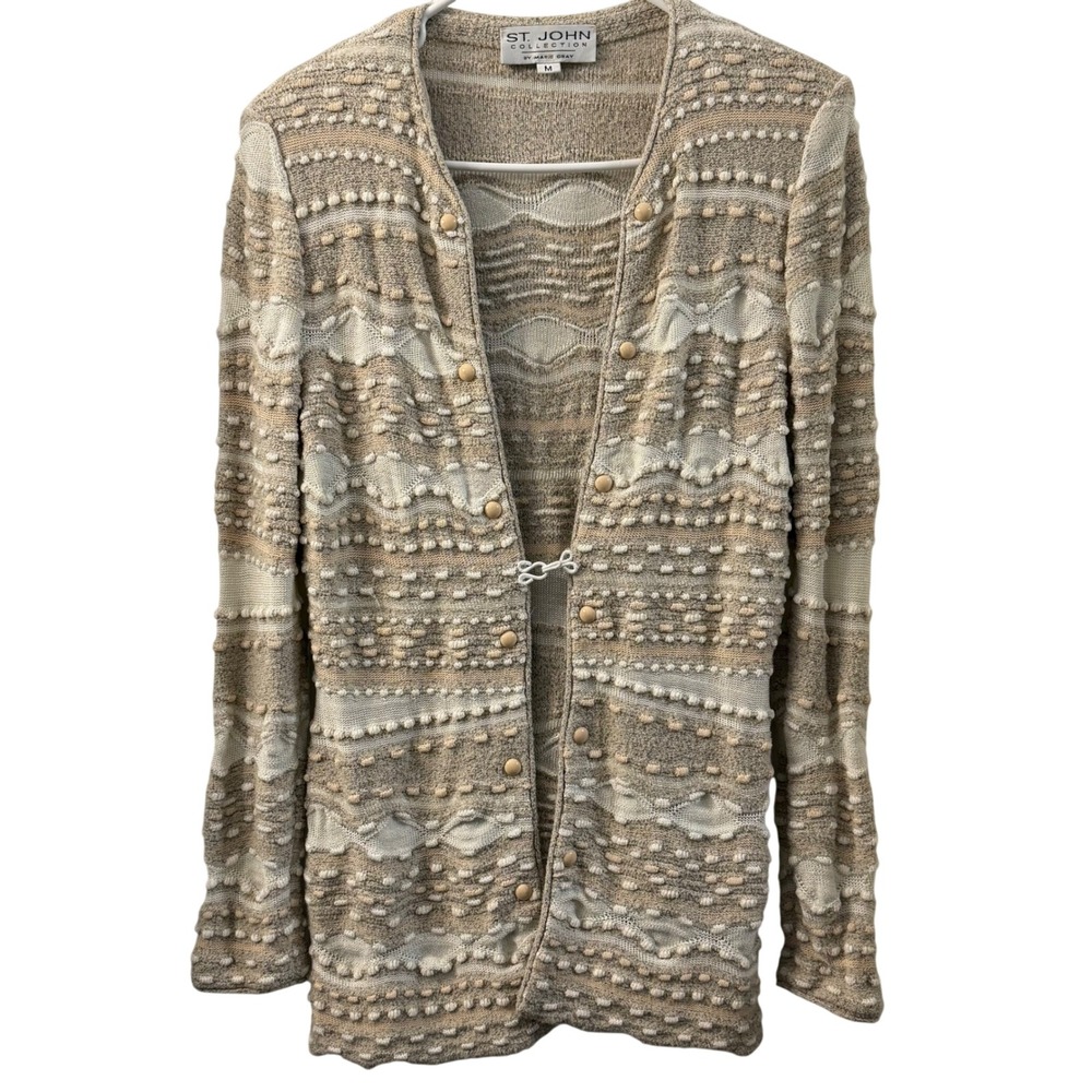 ST JOHN Collection Knit Cardigan Beige White Textured Beaded M‎ Quiet Luxury